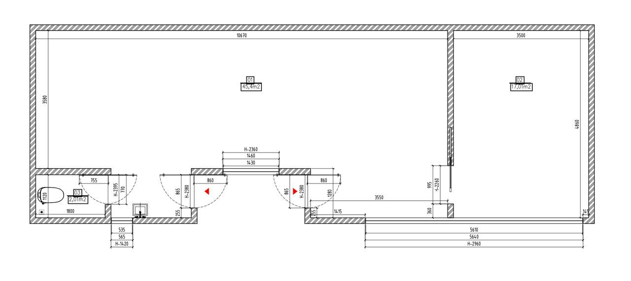 Floor plan: room 45.4 m², room 17.01 m², WC 2.01 m²